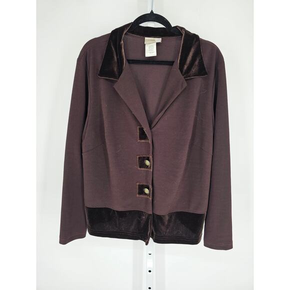 Vintage Coldwater Creek Womens Sz 1X Button Up Jacket Brown Velvet Trim - Picture 1 of 3